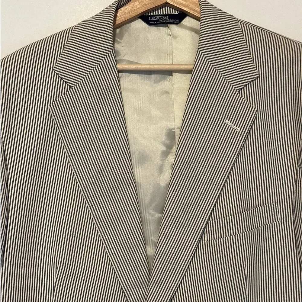 Vintage Polo Ralph Lauren Seersucker Sport Coat Blazer Blue White Stripe 38R USA